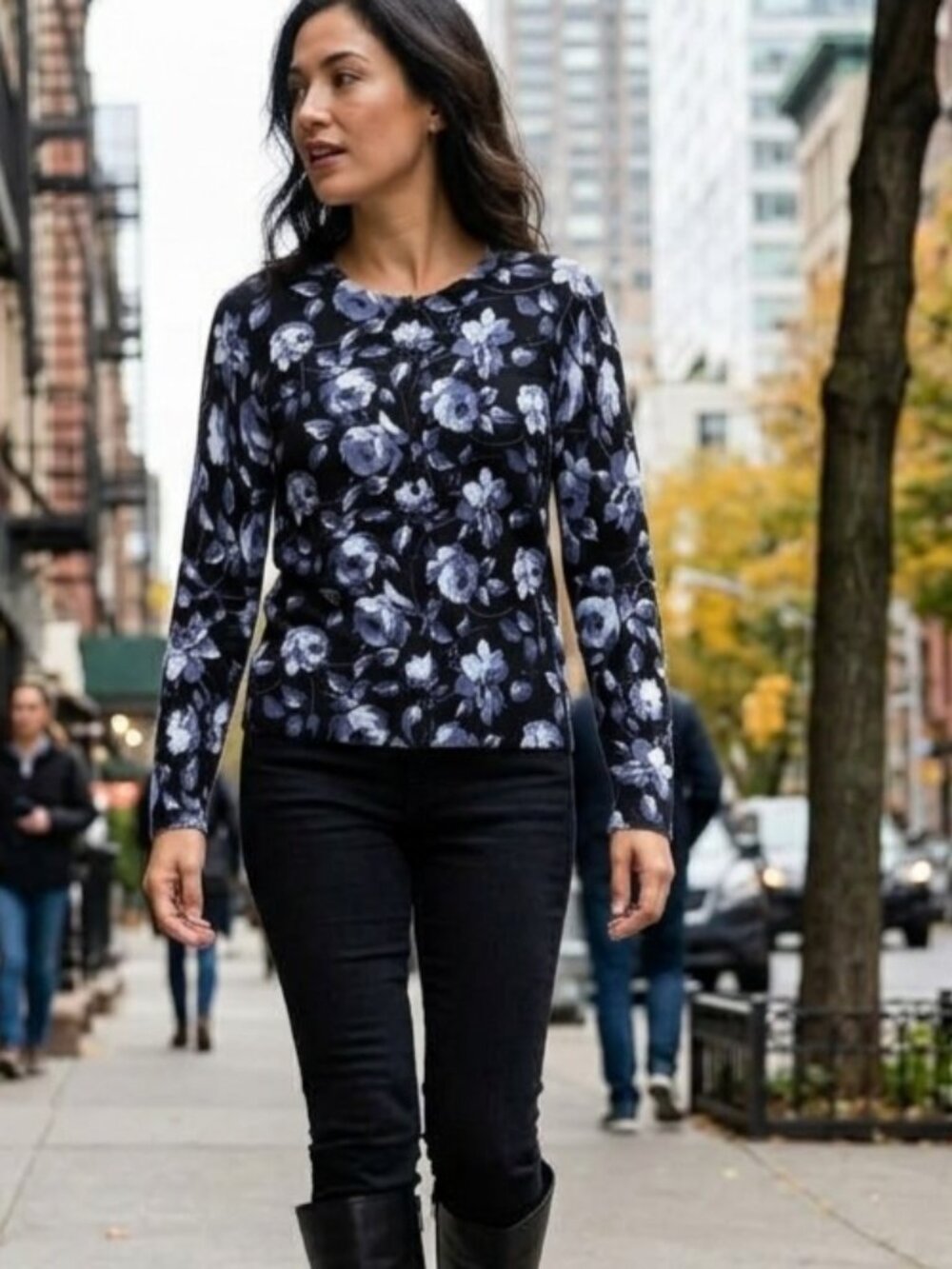 A New Day Womens Sweater Small Black /Gray Button Down Crew Neck Cardigan